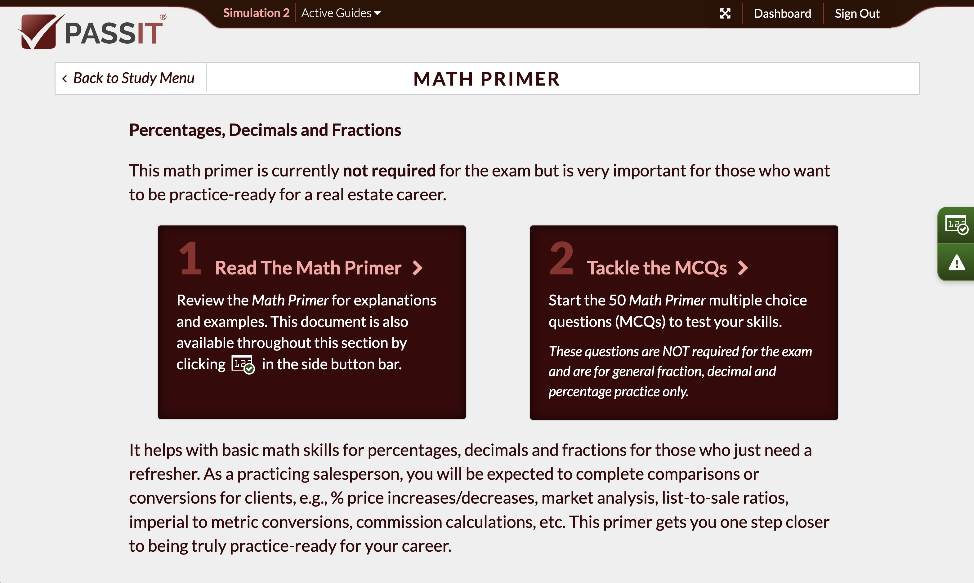 Snapshot of Passit Math Primer Menu