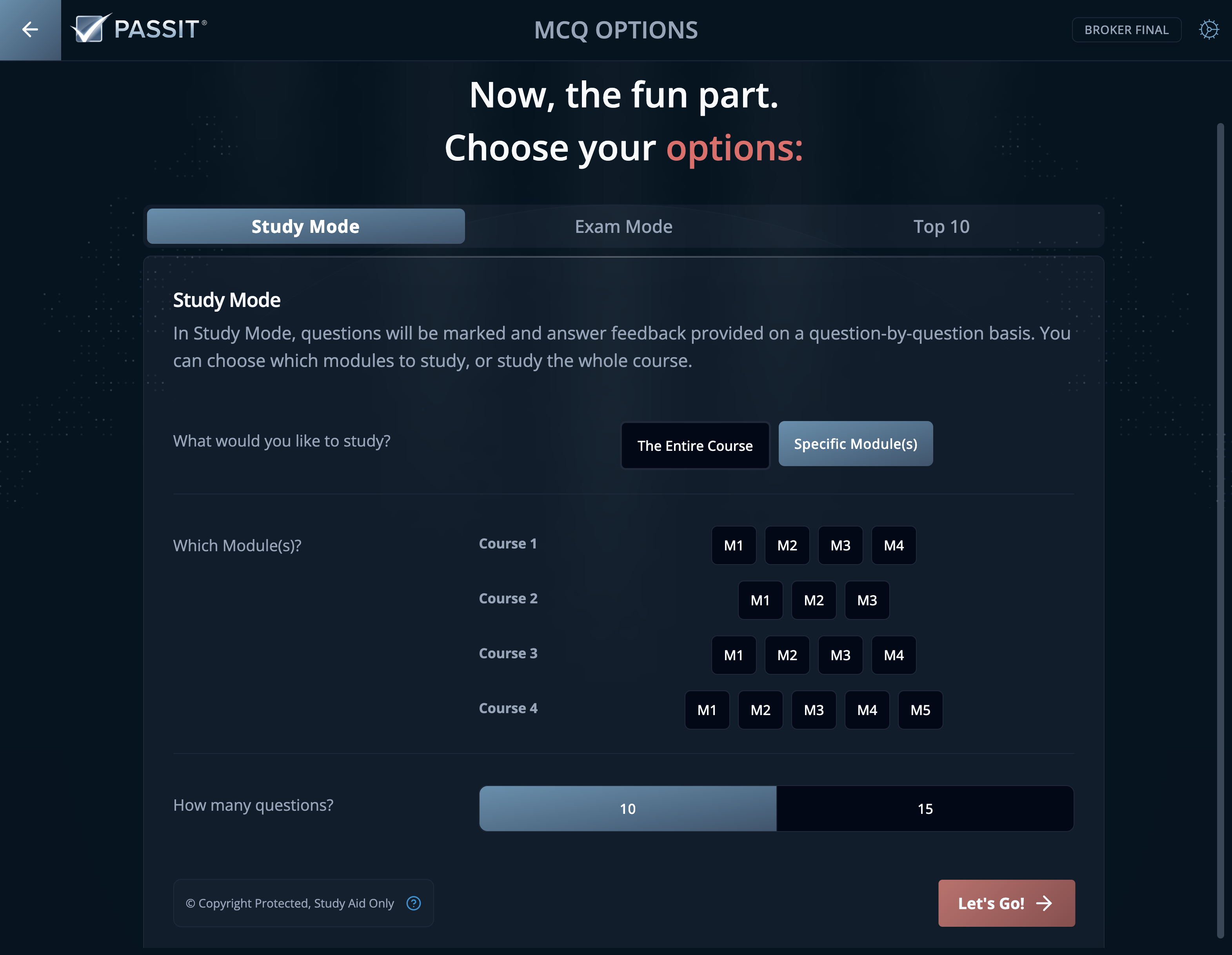 Snapshot of MCQ Menu Study Options