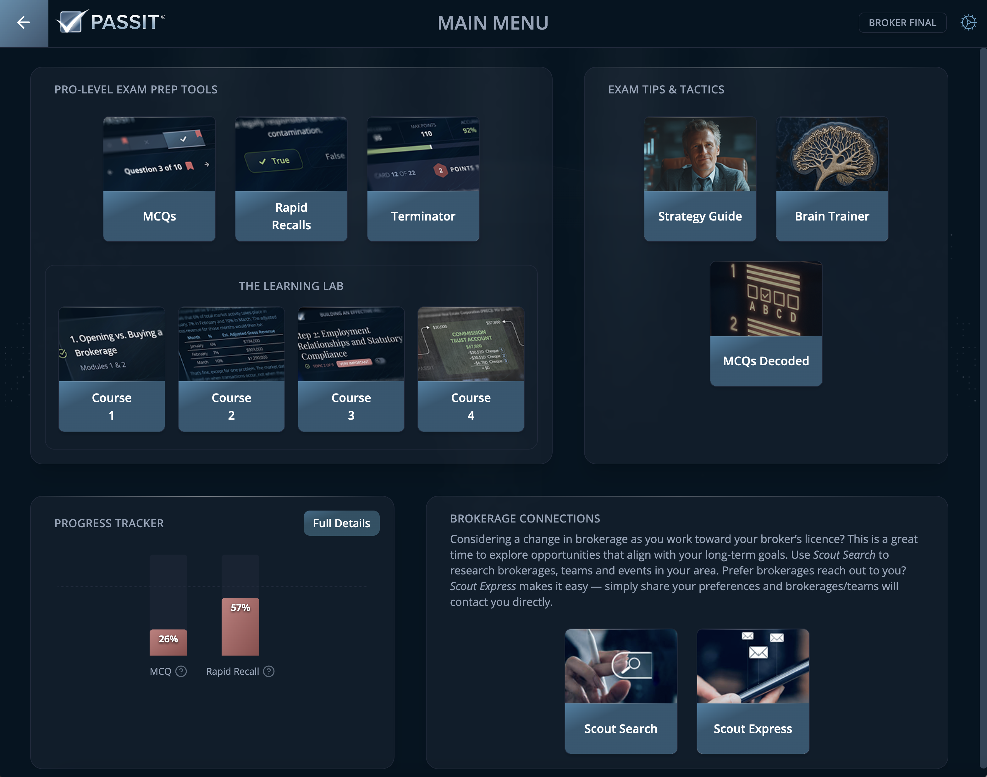 Passit for the Broker Program: Main Menu Snapshot