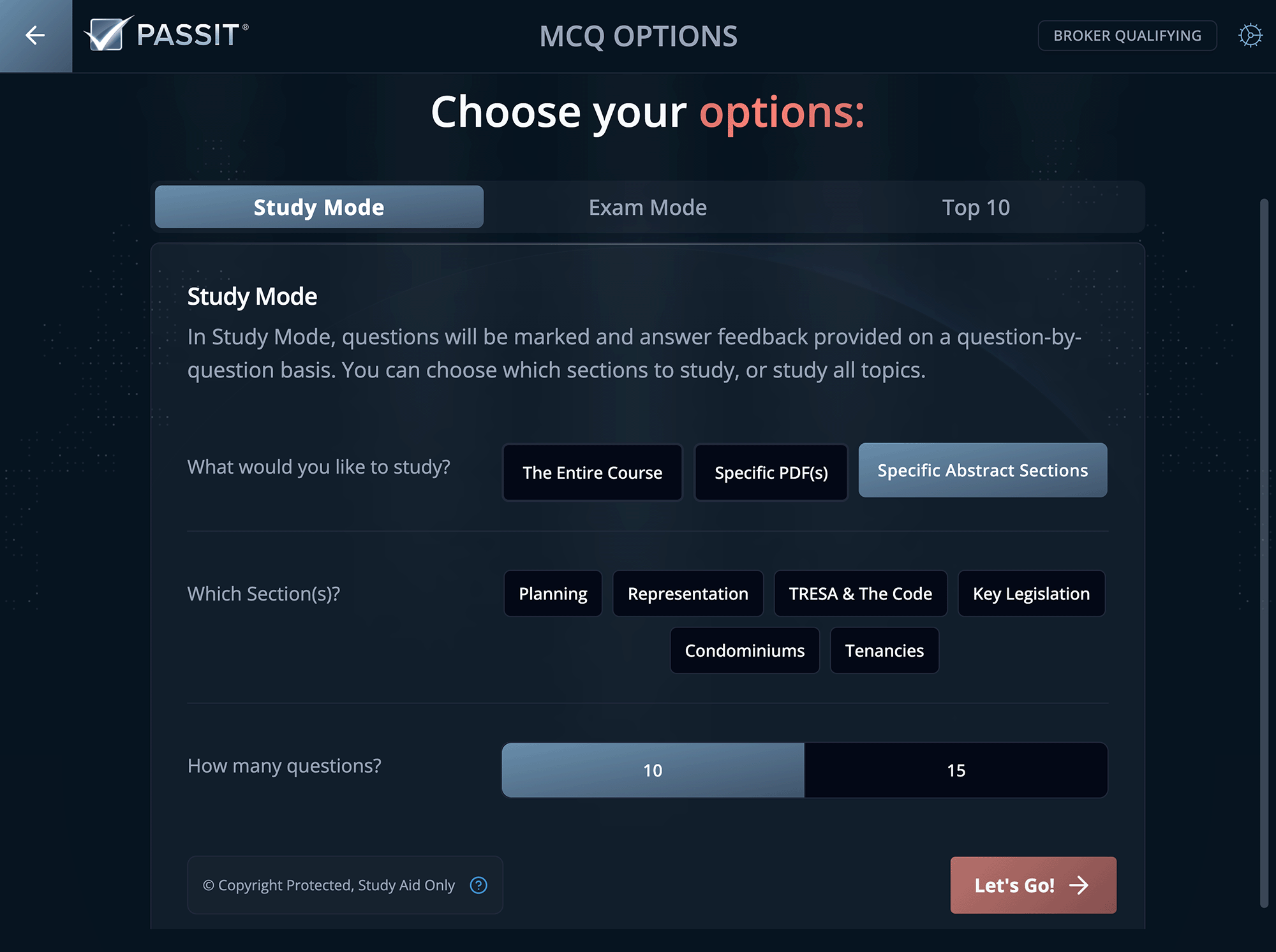 Snapshot of MCQ Menu Study Options