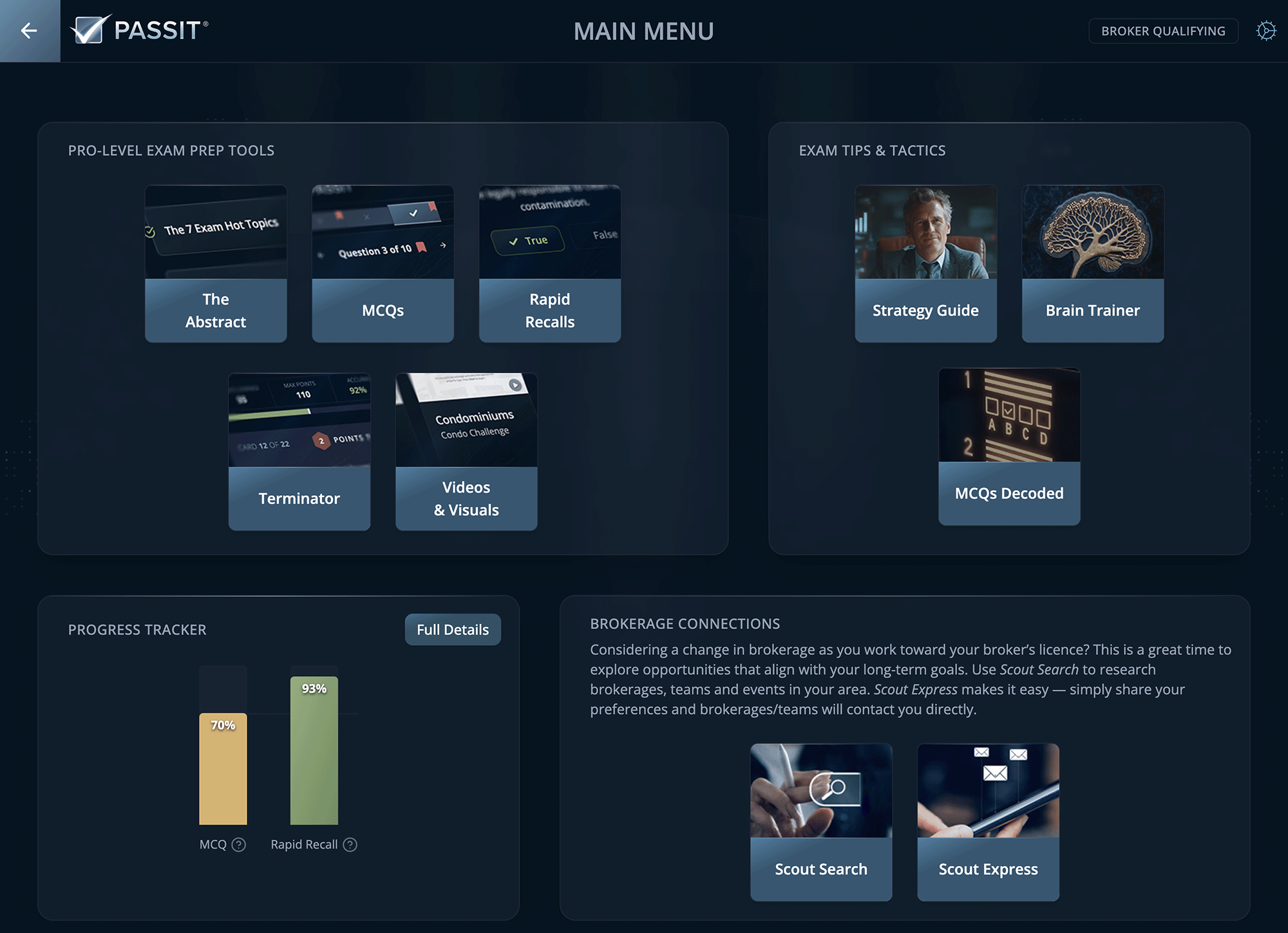 Passit for the Broker Qualifying Exam: Main Menu Snapshot