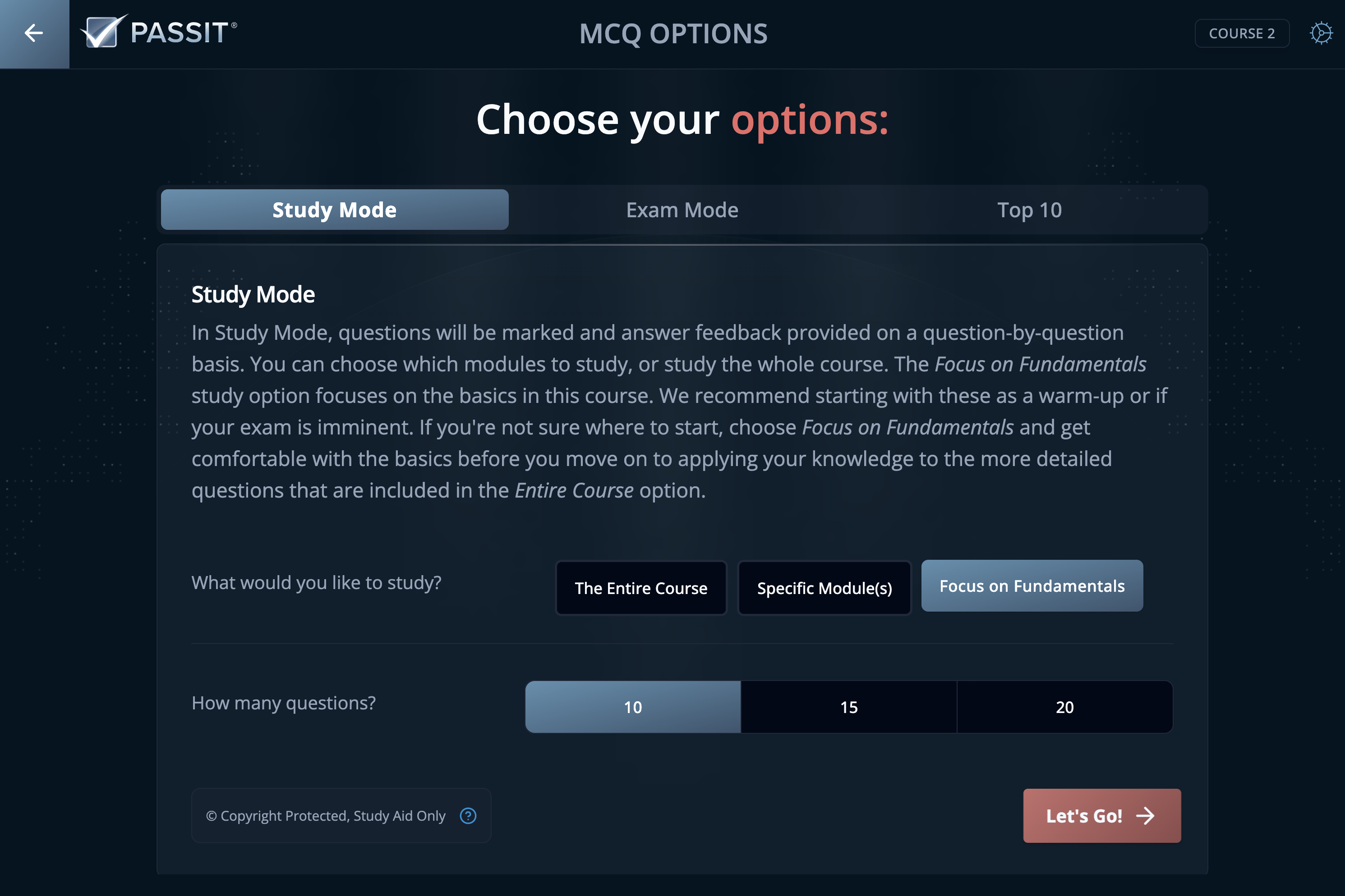 Snapshot of MCQ Menu Study Options