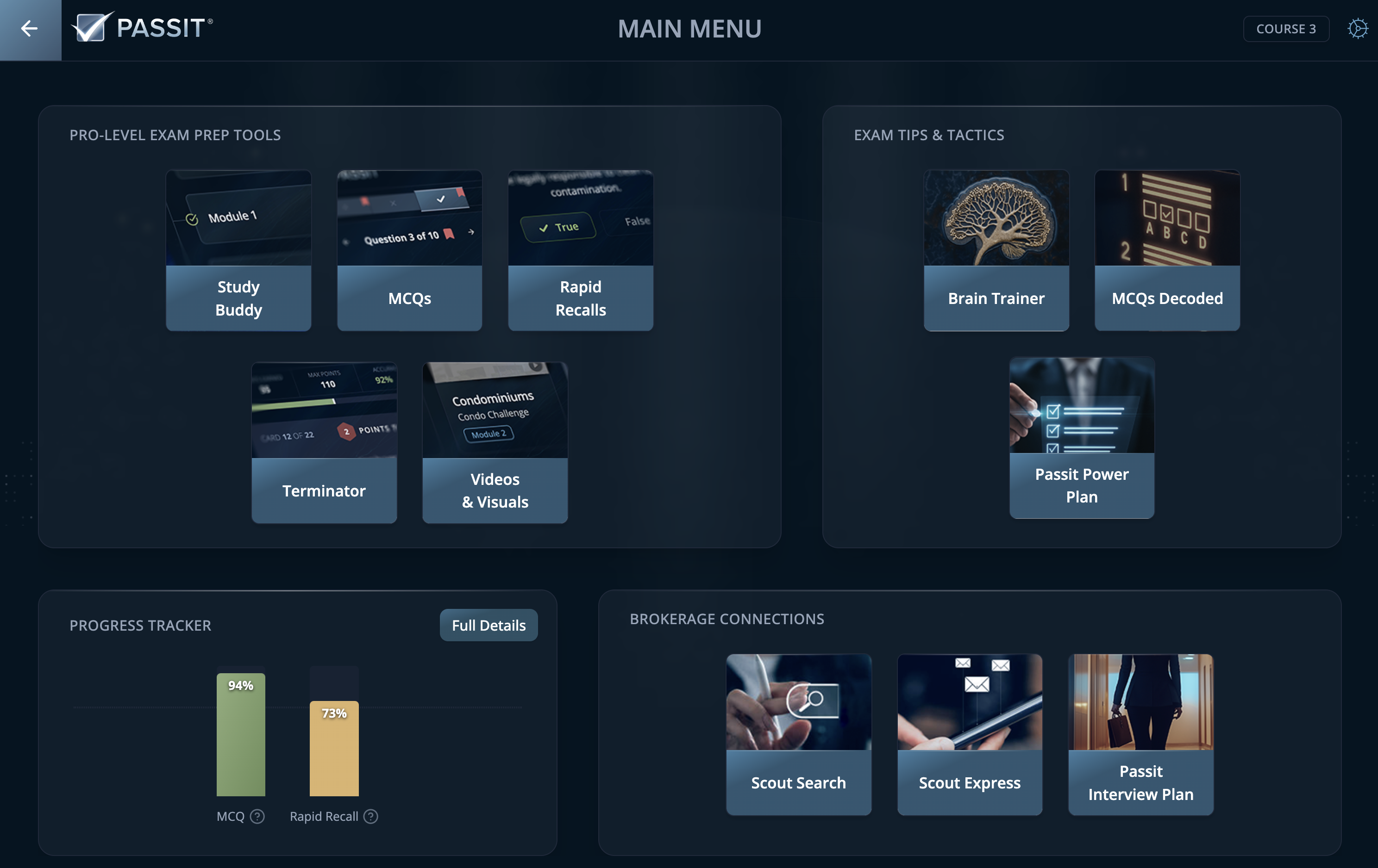 Passit for Course 3: Main Menu Snapshot