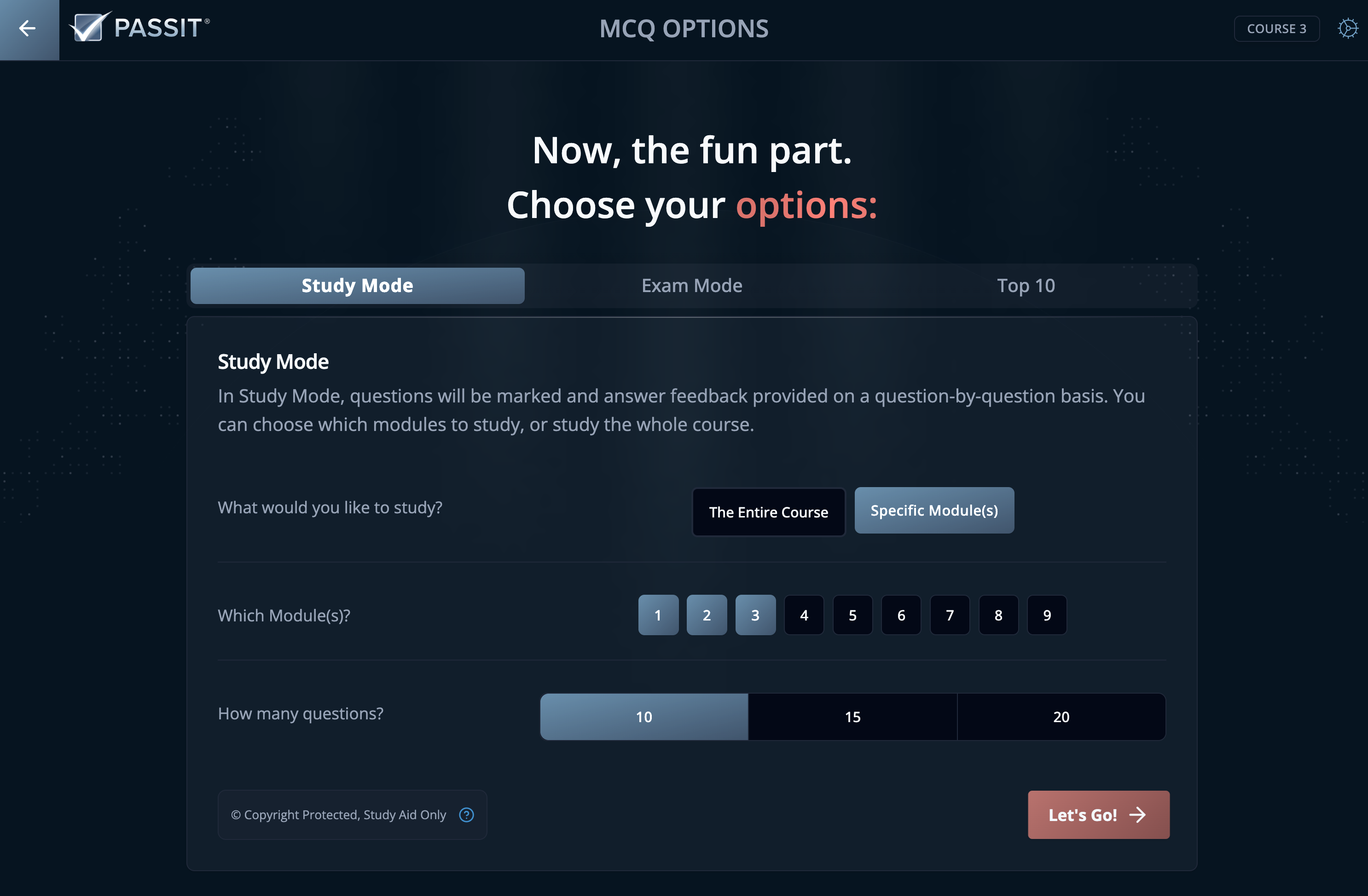 Snapshot of MCQ Menu Study Options