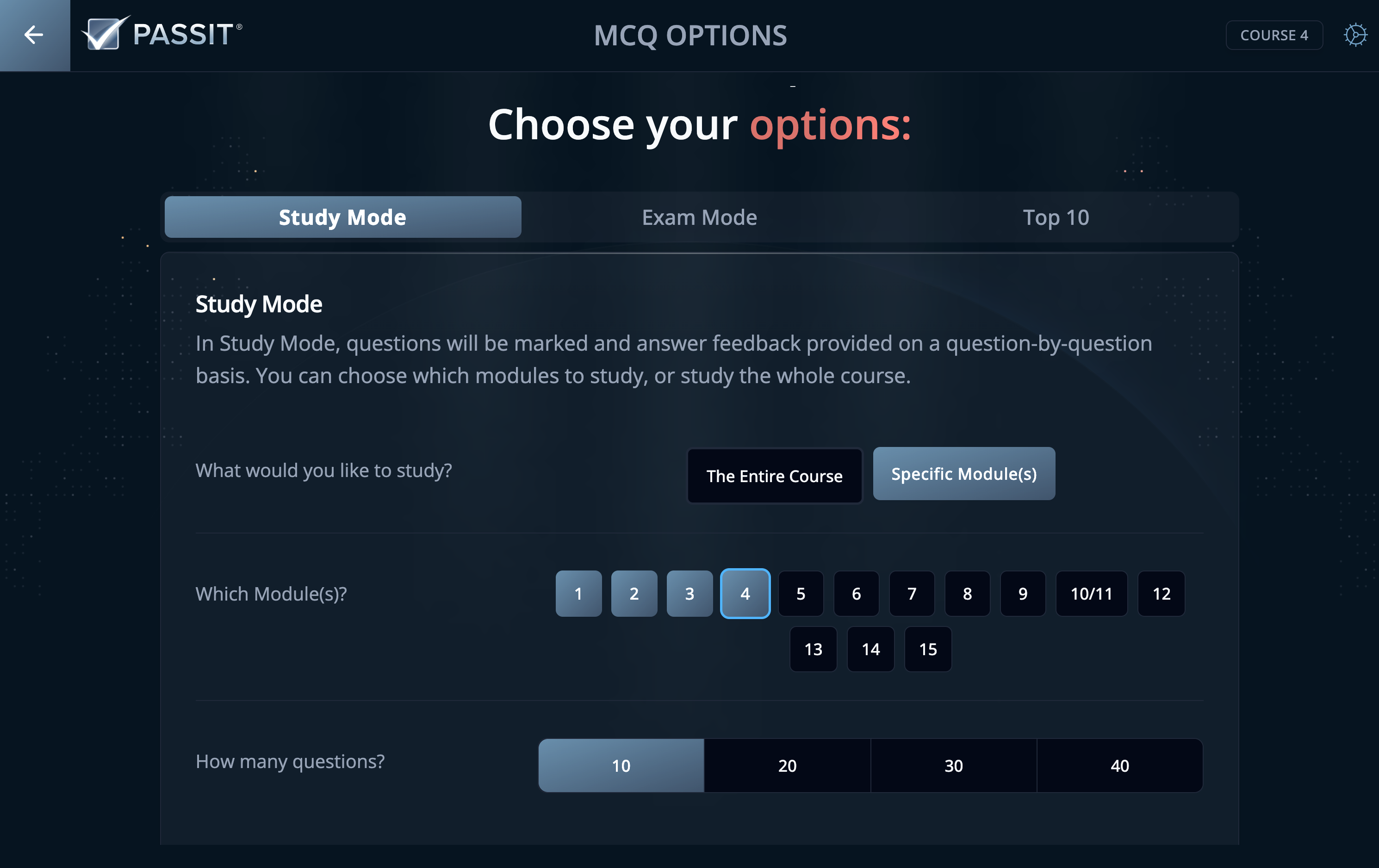 Snapshot of MCQ Menu Study Options