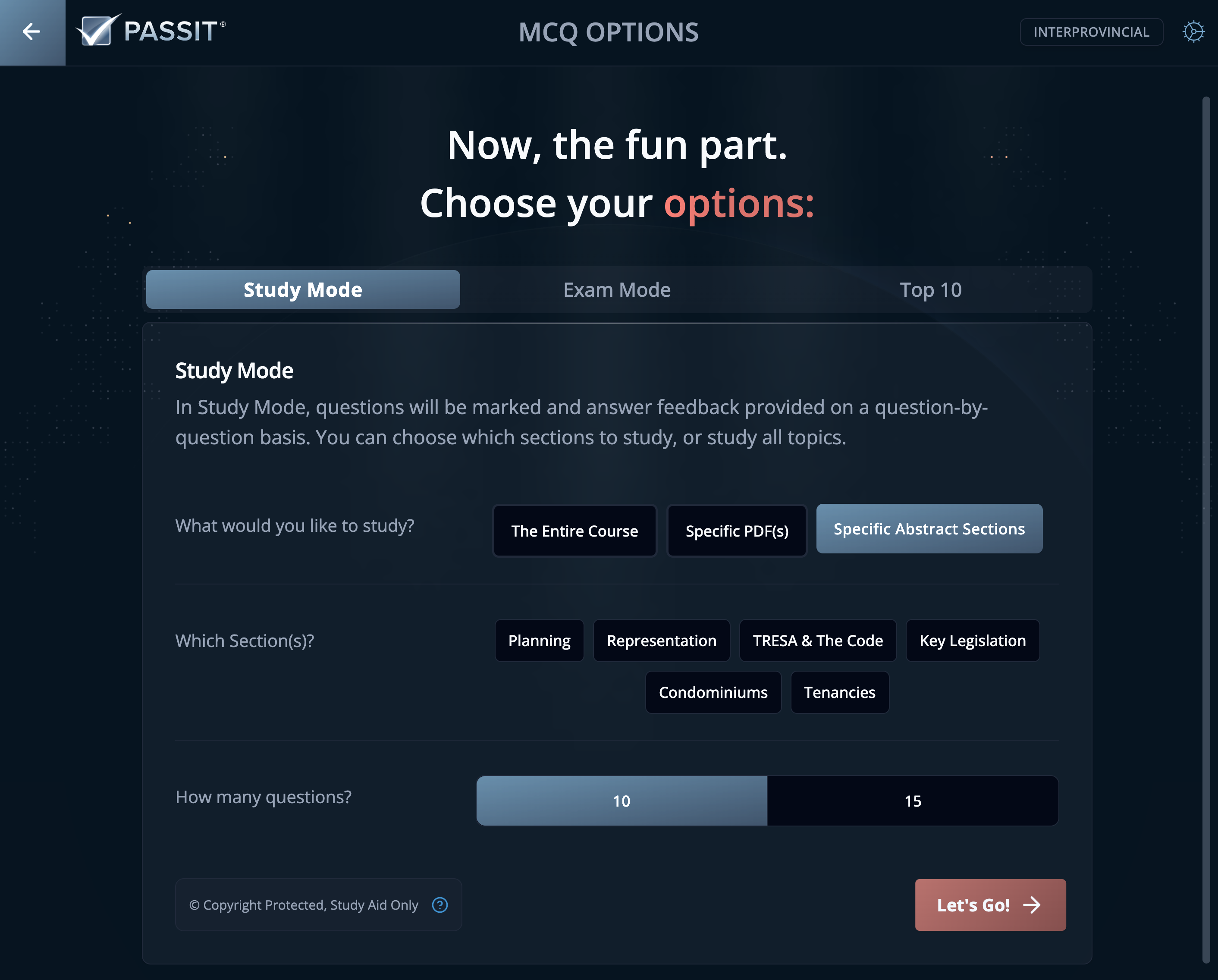 Snapshot of MCQ Menu Study Options