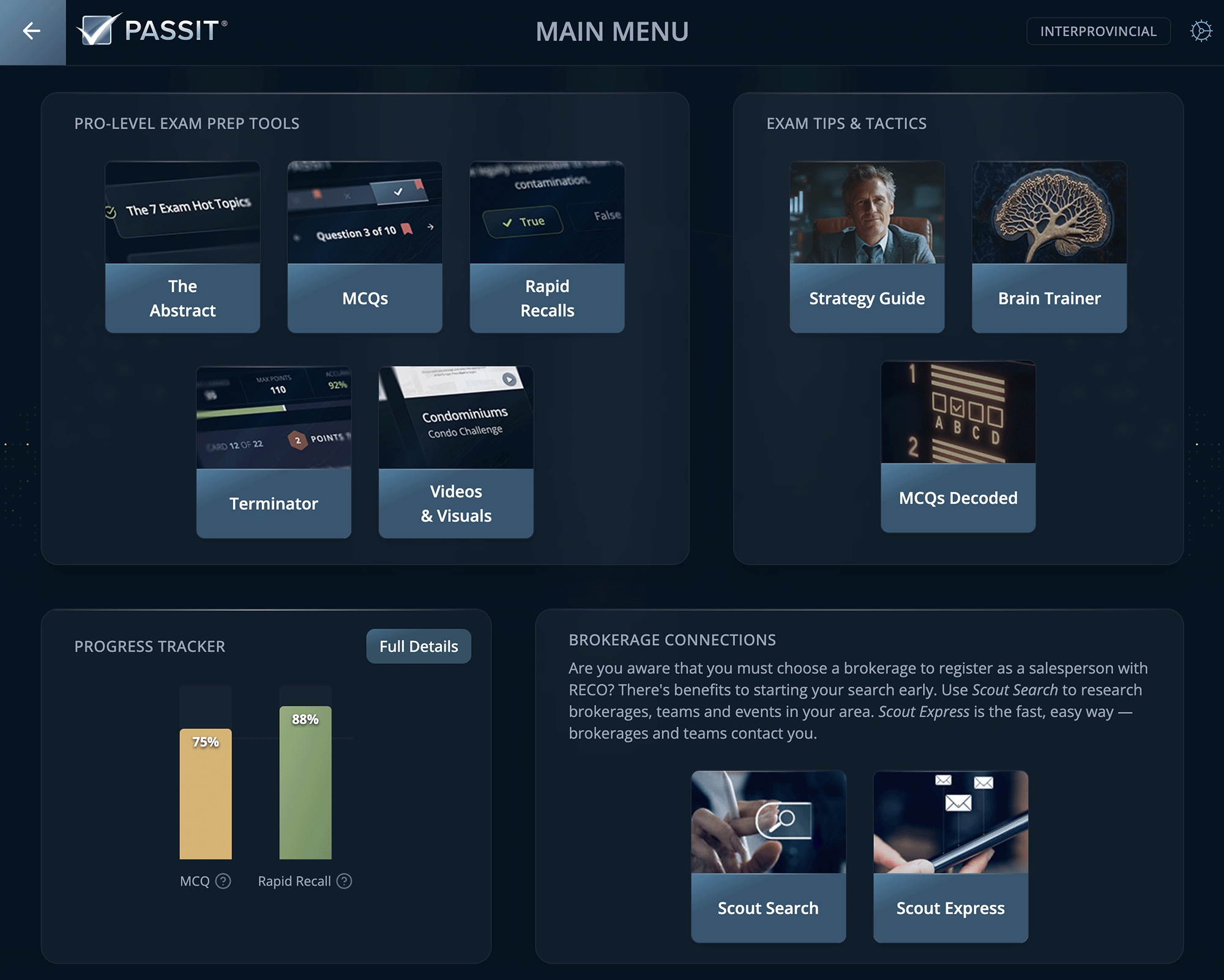 Passit for the RECO Interprovincial Challenge Exam: Main Menu Snapshot