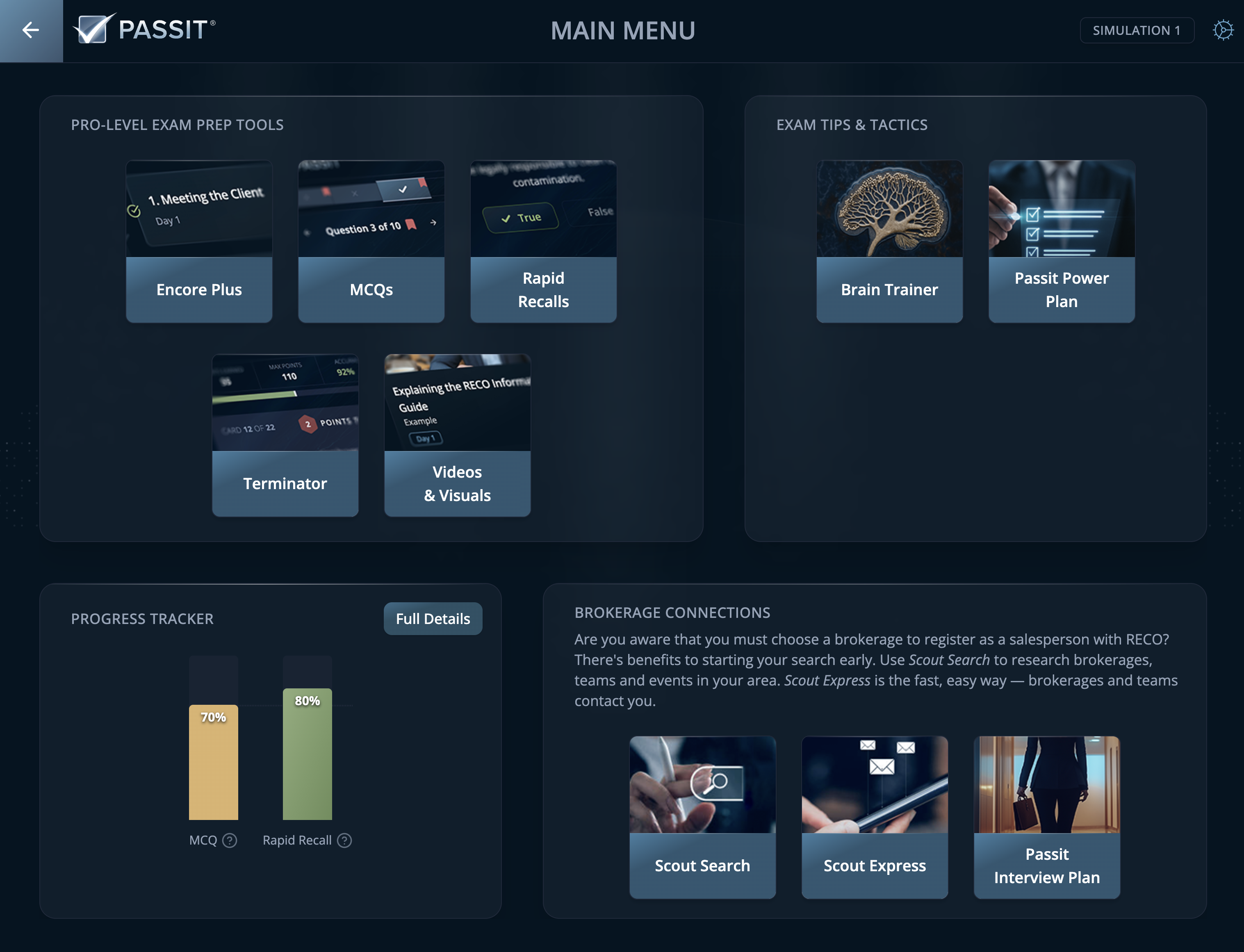 Passit for Simulation 1: Main Menu Snapshot