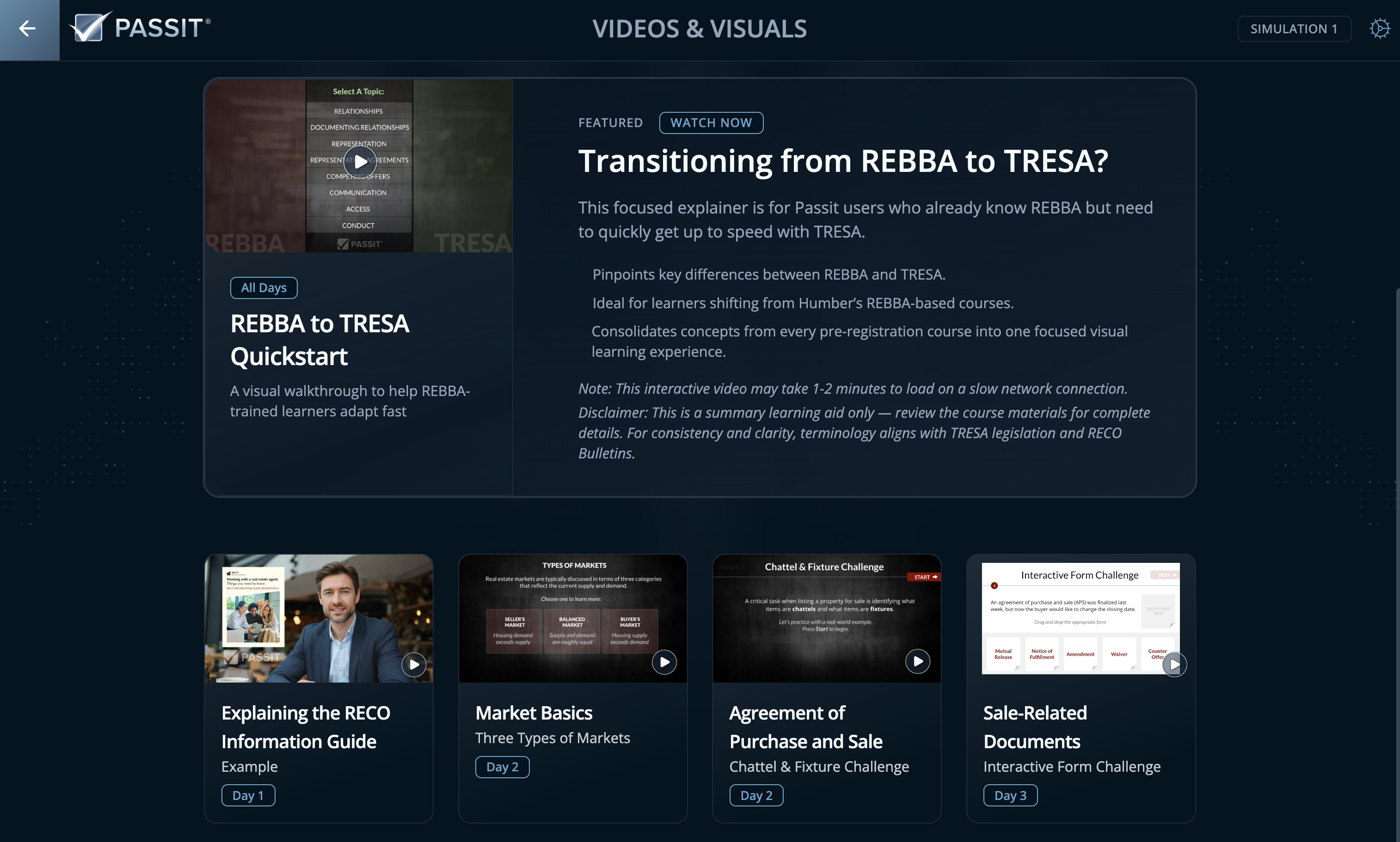 Snapshot of Passit Helpful Videos & Visuals Menu