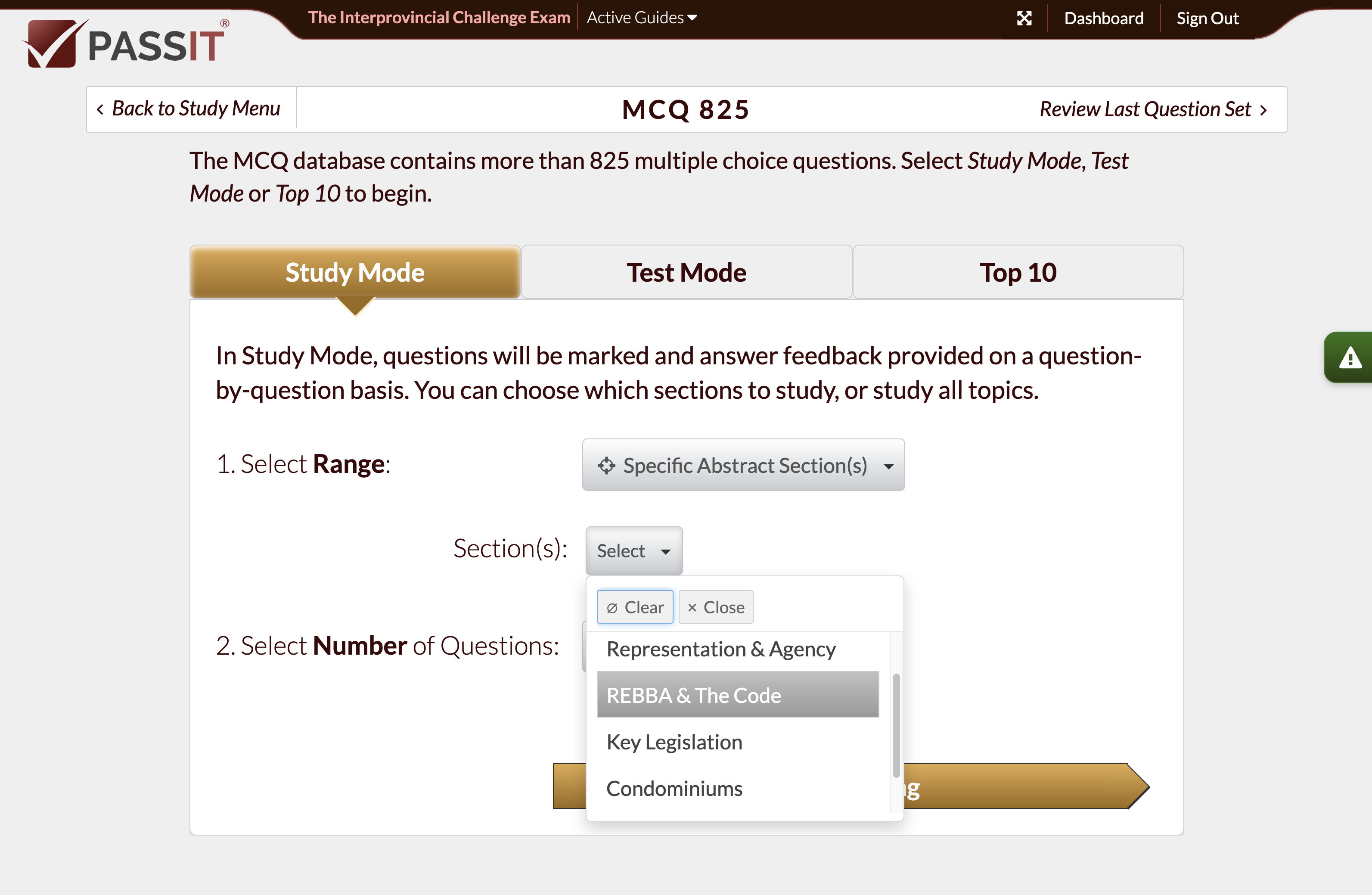 Snapshot of MCQ Menu Study Options
