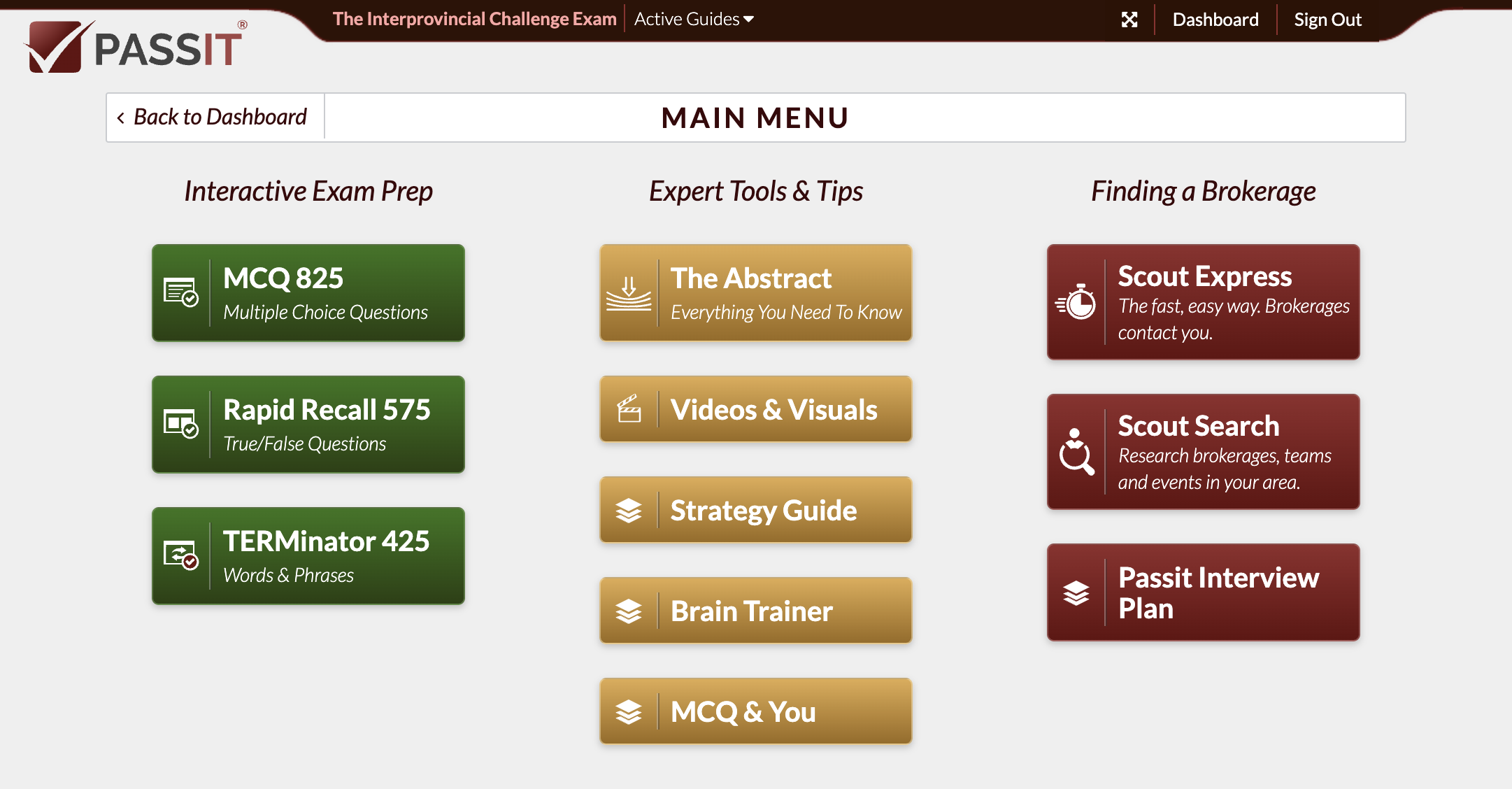 Passit for the Humber/RECO Interprovincial Challenge Exam: Main Menu Snapshot