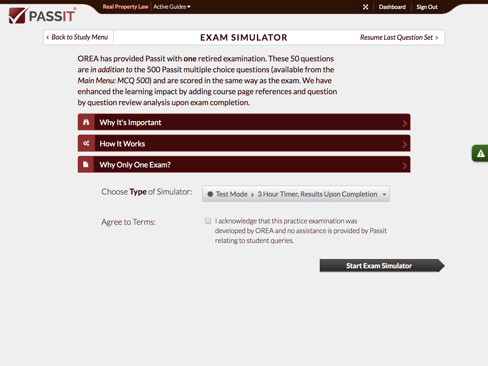 Screenshot of Exam Simulator Menu