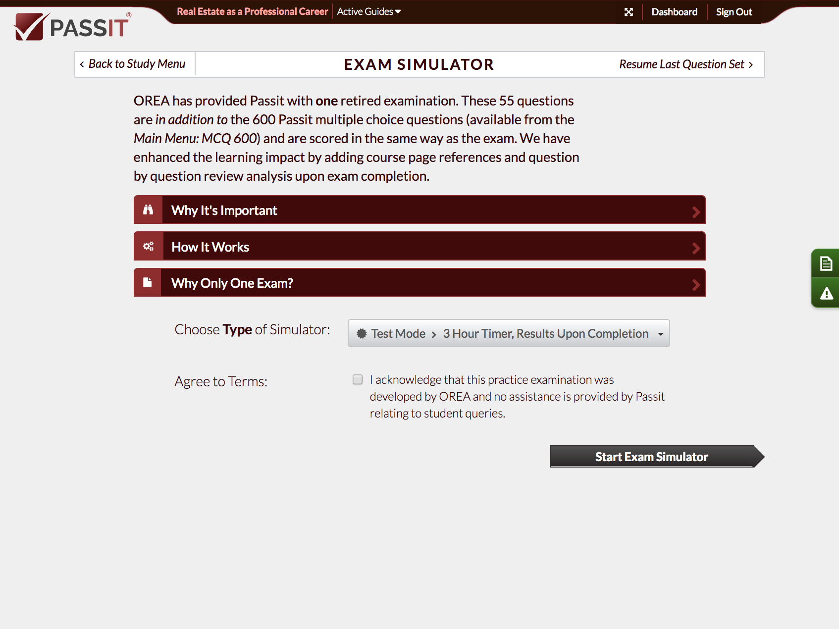 Screenshot of Exam Simulator Menu