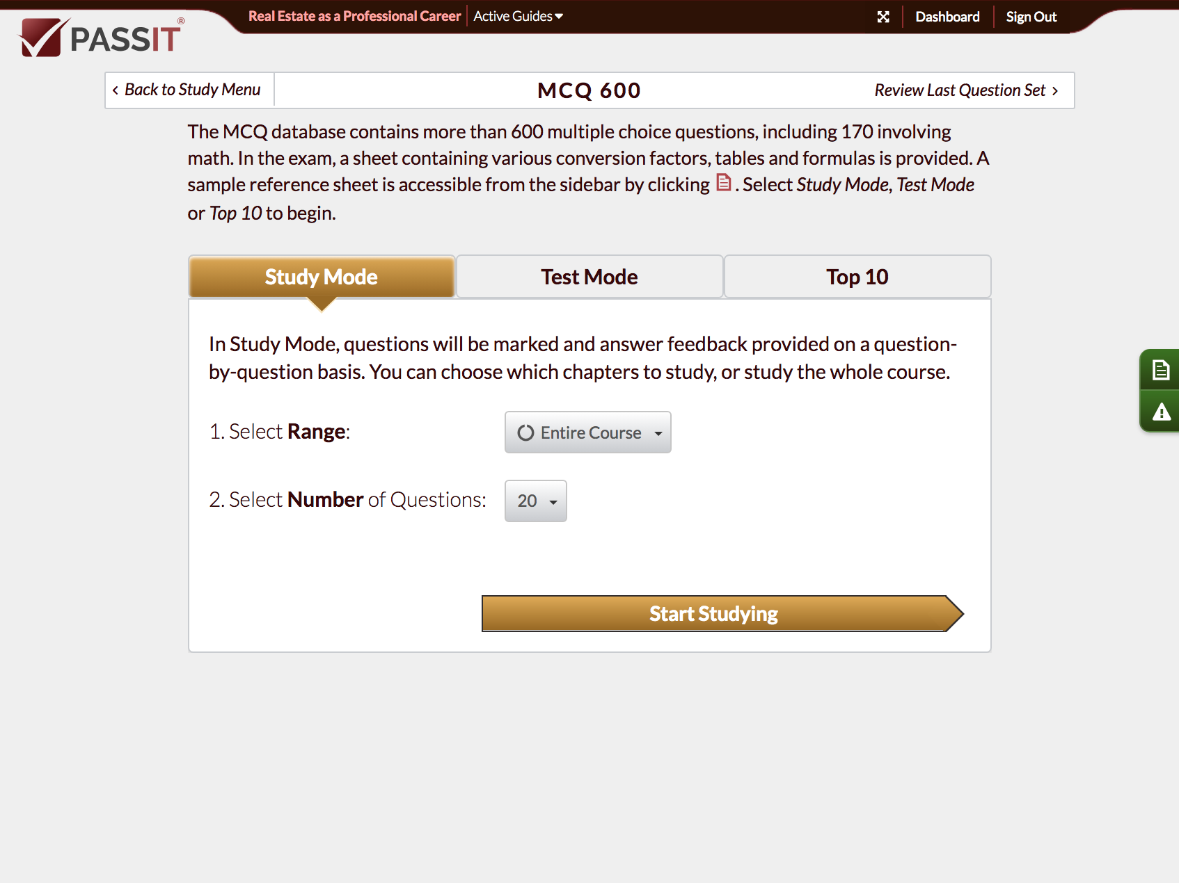 Snapshot of MCQ Menu Study Options
